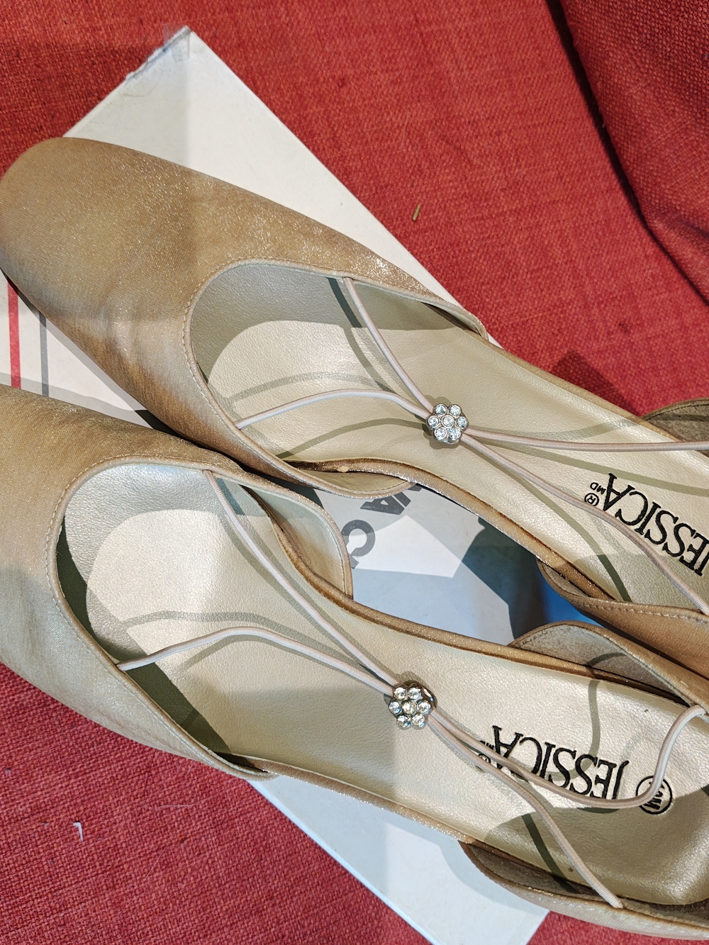 Jessica Champagne Satin T-Strap Flats with Rhinestone Accent - Picture 3 of 4